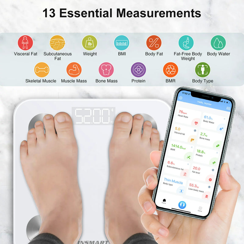 INSMART Balance numérique intelligente Bluetooth pour salle de bain, poids corporel, graisse, IMC, eau, BMR, masse musculaire avec application pour smartphone, fitness (180 kg)