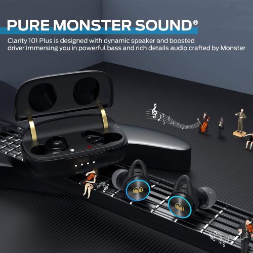 Monster Clarity 101Plus AirLinks Écouteurs sans fil Bluetooth 5 avec étui de chargement, écouteurs stéréo basses profondes, microphone intégré, appel clair, design résistant à l'eau pour le sport