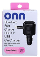 Chargeur de voiture USB-C/USB à charge rapide et double port onn avec câble USB-C rétractable intégré