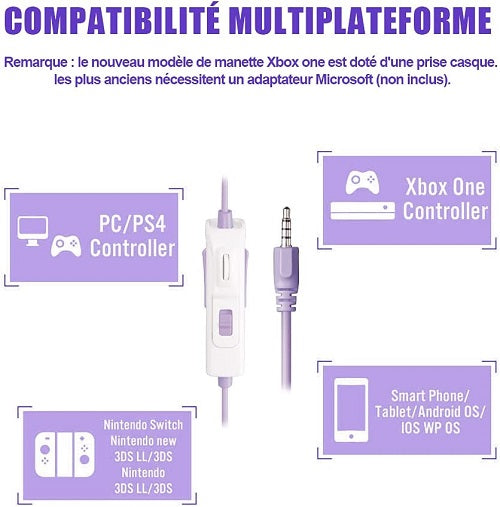 LETTON Casque de Gaming stéréo pour PS4, Xbox One, Switch avec Microphone antibruit - Ajustement du Volume - Mémoire Douce sur pour Mac, Ordinateur Portable (Violet-Blanc)