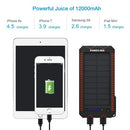 Chargeur solaire portable d'extérieur étanche 12 000 mAh avec 2 ports USB 5 V-lampe de poche à 2 LED-allume cigarette