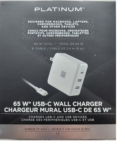 Chargeur mural USB-C de 65 W de Platinum avec câble USB-C et 2 ports USB